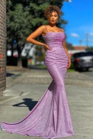 glitter purple rouched fitted prom dress