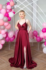 burgundy satin Aline prom dress with split PF9833